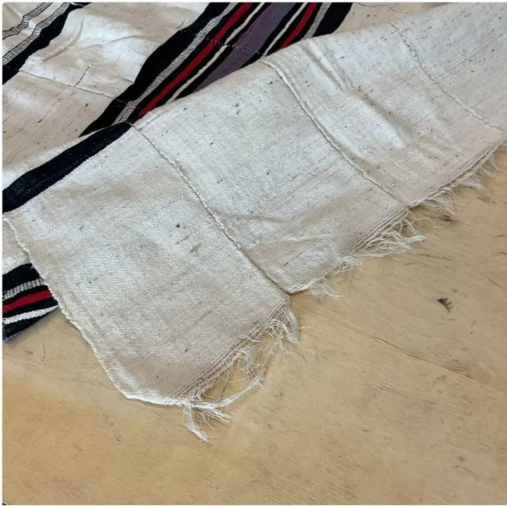 Vintage African Fulani Wedding Blanket 114” x 56”‎ Stiped Black Red Purple Cream